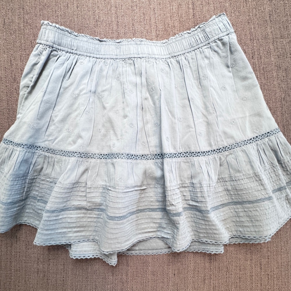 Gap Women XL Blue Cotton Eyelet Embroidered Ruffle Tiered Mini Skirt Lace Trim